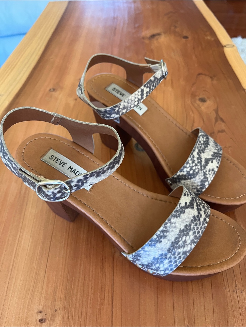 Steve Madden Snake-Print Ankle Strap Heels in Brown and Black
